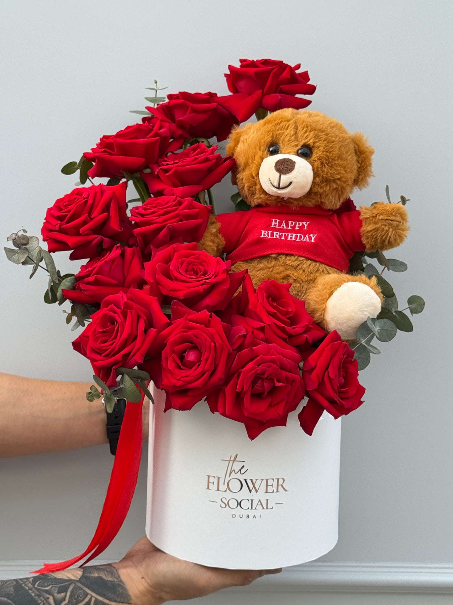 Red Roses with Birthday Teddy