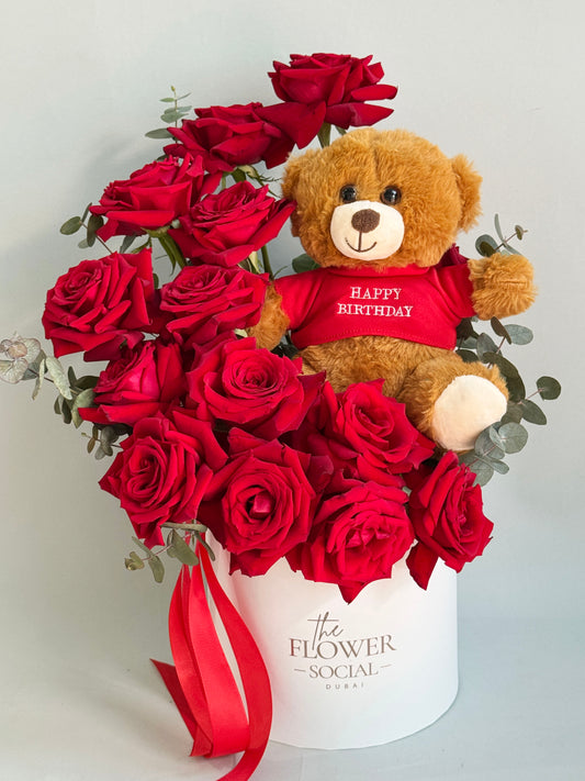 Red Roses with Birthday Teddy